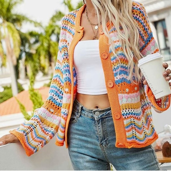 Women’s Orange Multi Hollow Open Knit Cardigan sz large - Picture 3 of 5